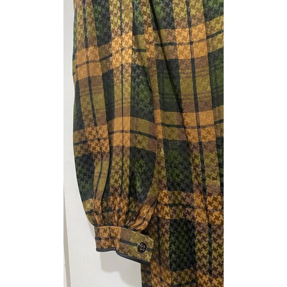 James Galanos Sz XS Silk Dress Shift Green Brown Plaid Long Bishop Sleeves MIDI - Picture 5 of 15